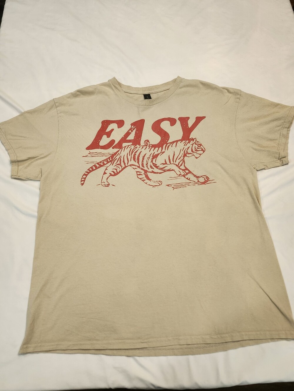 Gildan Beige Tee with Red 'EASY' Tiger Graphic